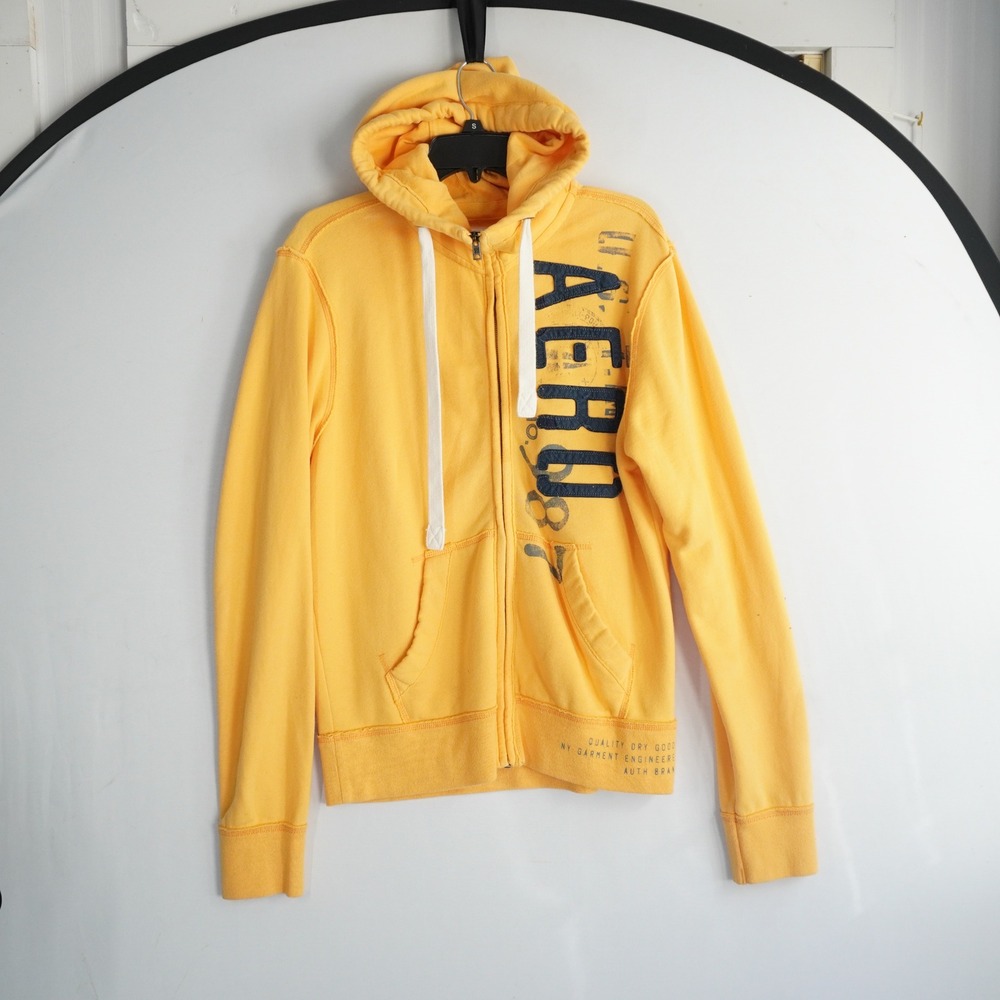 VTG Y2K AEROPOSTALE Yellow Full Zip Hoodie Mens Small Sweatshirt Graphic Print